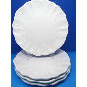 Pier 1 "Lacey" White Embossed Flowers 11" Scalloped Edge Dinner Plates Set of 4